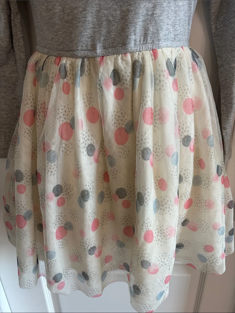 Gymboree big girls size 8 Gray Long-Sleeve Tulle Dress with pink grey dots